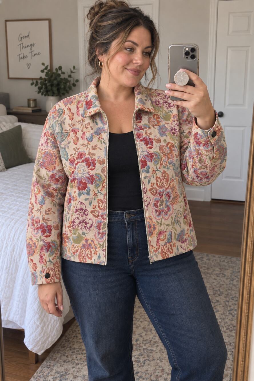 Floral Tapestry Jacket Womens XL Zip Front Grandmacore Cottagecore Snap Cuffs